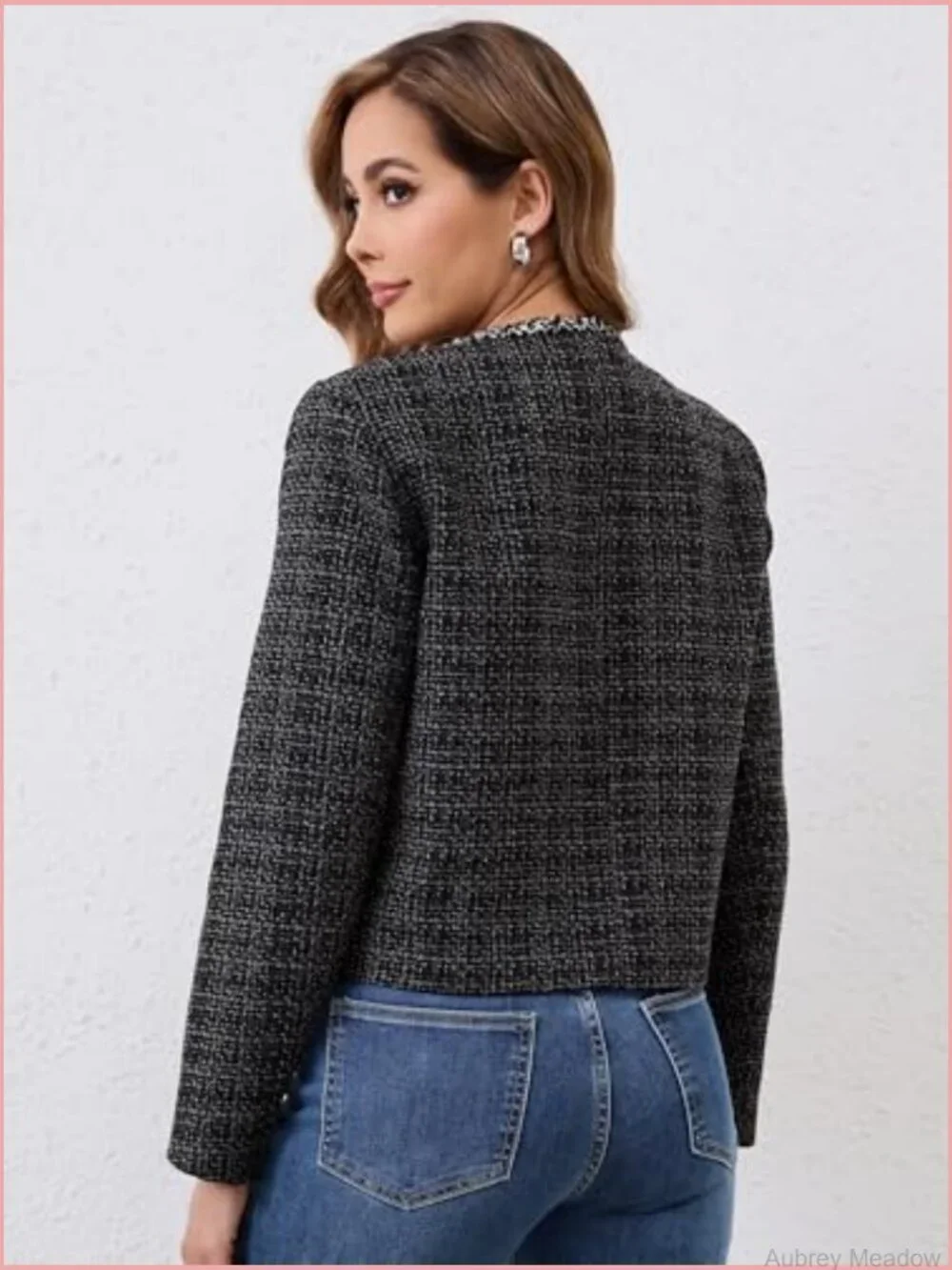 Cropped Tweed Blazer Jacket Long Sleeve with Pockets Crewneck Collarless Open